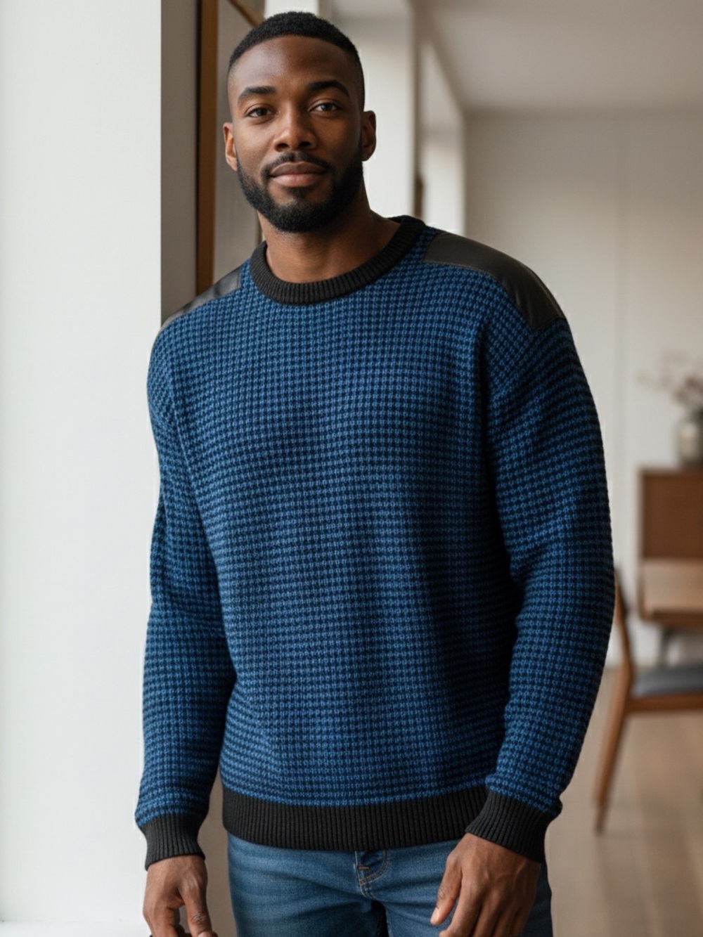 Vintage Men's Textured Blue Crewneck Sweater with Leather Shoulders